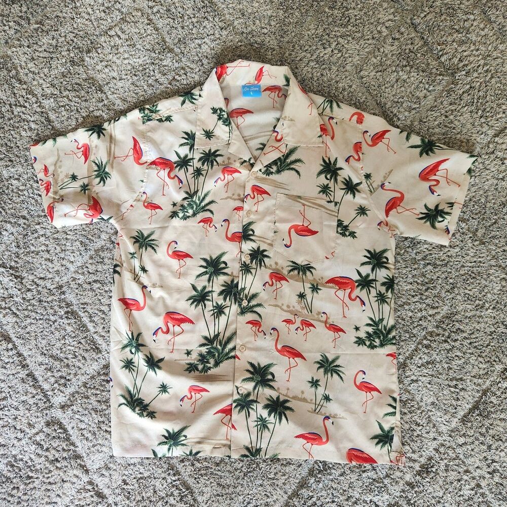 On Shore LARGE Hawaiian Button-Down Shirt FLAMINGOS Lightweight Polyester